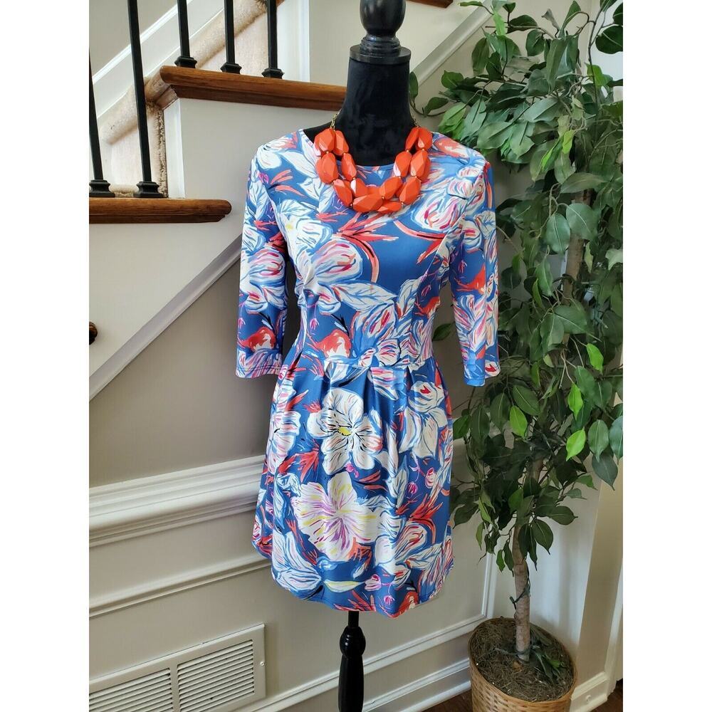 Aryeh Women's Floral Blue Nylon Round Neck Long Sleeve Knee Length Dress Size S